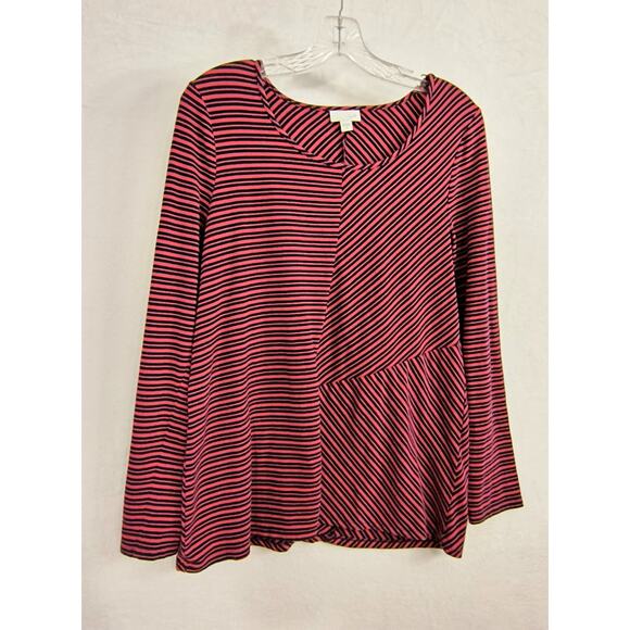 J.Jill Jersey Knit Tee Womens Size M Red Mixed Stripe Long Sleeve Pull Over Top - Picture 4 of 10
